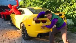 Red Man on Chevrolet Camaro VS Mr. Joe pushes Broken Car! Funny Video for Kids
