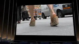 Candid Feet In High Woven Wedges Walking In The City 