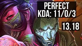 AKALI vs JHIN (MID) | 11/0/3, 1300+ games, Legendary, 1.3M mastery | KR Master | 13.18