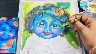 Little Krishna Drawing, Krishna ji drawing, oil pastel drawing, colouring part drawing 😍