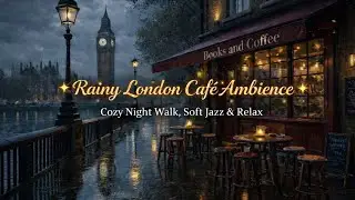Rainy London Walk & Caf&eacute; Ambience 🌧️ | Cozy Night, Warm Lights, Jazz