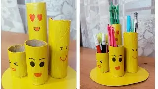 Diy cardboard roll pen stand | emoji pen holder organizer | desktop decoration ideas / pencil stand 