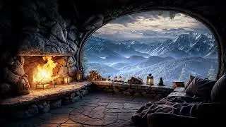 An hour Rainfall in a Mountain Cave Lodge | Fireplace Ambience & Deep Relaxation