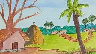 How to draw village beautiful scenery house drawing for beginners painting. 