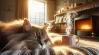 Cozy Fireplace Tea Time with Purring Cat | Relaxing Ambience for Sleep, Study & Stress Relief