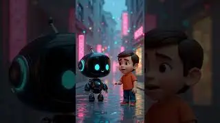 Cute small robot with blue glowing eyes