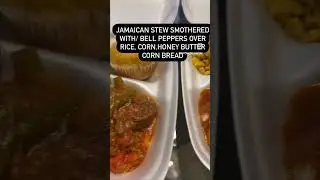 # Jamaican stew,over rice, corn , honey butter cornbread