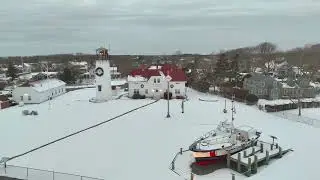 Chatham, Cape Cod Lighthouse Aerial in Winter with Snow, stock footage #5994