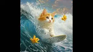 cat surfing on the ocean with little yellow birds #cat