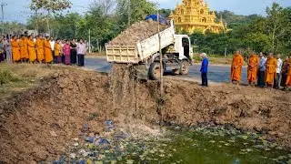Incredible landfill build school project ,truck transport soil with bulldozer push to water