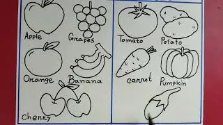 Very easy Fruits and Vegetables drawing / How to draw 5 Different types of Fruits and Vegetables.