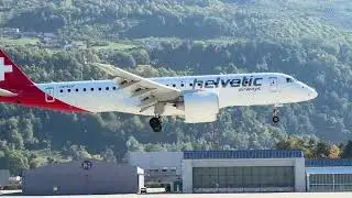 Embraer E190-E2 HB-AZH Helvetic Airways landing Sion airport Valais Switzerland 09.10.2025