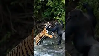 Gorilla and tiger fighting a river side#aivideo#animals#viralvideo and video quality 4K HD video