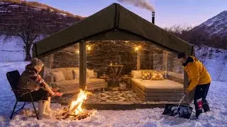 ТЁПЛЫЙ ЗИМНИЙ КЕМПИНГ В ГОРАХ СРЕДИ СНЕГА