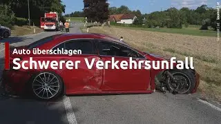 Schwerer Verkehrsunfall mit Fahrzeug&uuml;berschlag bei Taiskirchen im Innkreis fordert einen Verletzten