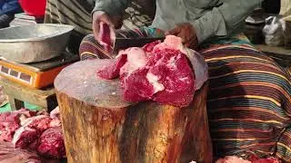First morning meat market halal beef cutting skills in Bangladesh butcher market #