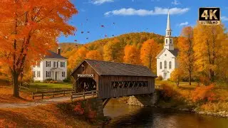New England Fall Ambience 🍂 Cozy Small Town with Wooden Bridge, Church & Autumn Leaves | 4K 🍁
