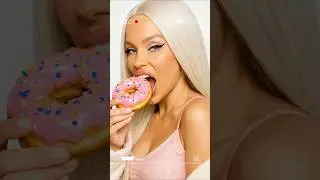 AI ash blonde girl eating a pink donut &mdash; hyperreal dessert moment.
