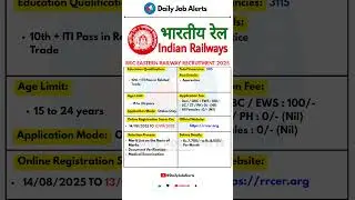 RRC Eastern Railway Recruitment 2025 | New Vacancy 2025 | Daily Job Alerts #shorts