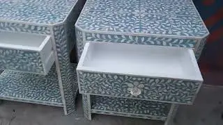 Bone Inlay Bedside Table With Shelf Blue, Bone Inlay Nightstand Table With Shelf Blue, Bone Inlay