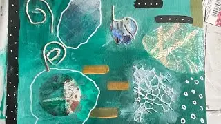 Collage with gelli prints ,yarn and acrylic skins