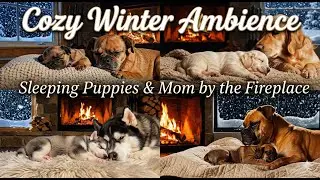 Cozy Winter Ambience: Sleeping Puppies & Mom by the Fireplace ❄️ Crackling Fire Sounds for Sleep