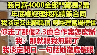 我月薪4000全部門都是2萬。年底總經理找我續簽合同，我淡定交出離職信。總經理當場楞住，你走了那個2.3億合作案怎麼辦？我：那就跟我無關了。我淡定開口，一句話她渾身發冷#情感 #爽文 #職場 #生活