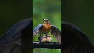 The cute little bird in the wind and rain. Brave and beautiful moments