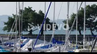 small harbor with sail boats, small ship drives by in the background
