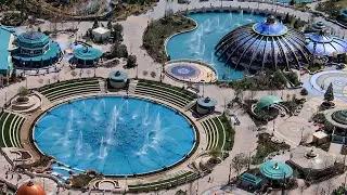Aerial video of the Epic Universe fountains