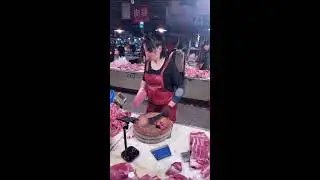 POV Female Butcher Cutting Pork &mdash; Real-Time Chinese Meat Market Skills