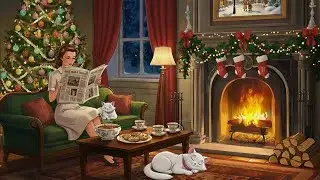 Vintage 1950s Christmas Living Room Ambience Cozy Night | Music Playing from the Other Room