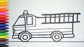 How to Draw Fire Truck and Coloring Page with Crayons | Drawing and Coloring for Kids Learning