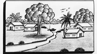 Easy Scenery Drawing||Simple Scenery Drawing||Beautiful Village Scenery Drawing||Landscape Drawing 