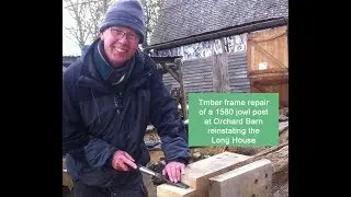 Timber frame repair of ancient oak jowl post at Orchard Barn