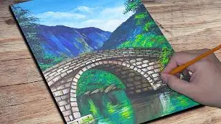 Riverbank Bridge Landscape Painting | Acrylic Painting
