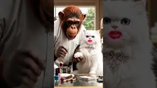 monkey doing makeup of cat