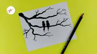 How to draw two birds sitting on a tree branch | Easy pencil sketch drawing