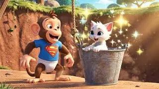 Baby Monkey Uses a Bucket to Save a Kitten | Kids Storytime