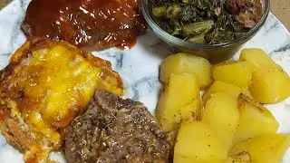 ribs/lamb chops/lasagna/ collar greens/Oven Brown potatoes/Apple sauce cake/Skillet Corn bread