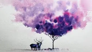 Watercolor Tree & Two Deer | simple watercolor painting