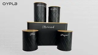 Oypla 5pc Black Bamboo Lid Kitchen Canister Set Bread Biscuits Tea Sugar Coffee