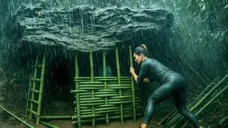 Girl builds shelter in heavy rain - survival alone in the rainforest