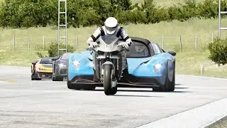 Kawasaki Ninja H2R SC vs Hypercars Aston Martin Valhalla, Lambo Revuelto, Lamborghini Fenomeno