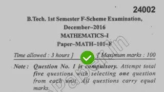 2016 Mdu BTech 1st Sem Mathematics Question Paper