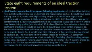 State eight requirements of an ideal traction system. | Electrical Engineering