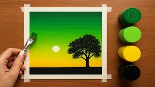 Easy Green Sunset Painting | Poster Color Landscape for Beginners 🌄