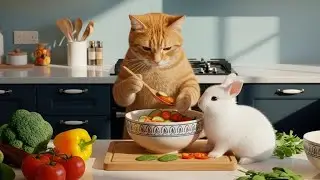 Ginger cat made a delicious vegetable salad and treated the rabbit 🥗🐰