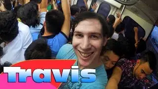 American rides the MRT in Manila, Philippines