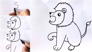 How to draw lion with number 5 || lion drawing step by step || easy drawing tutorial